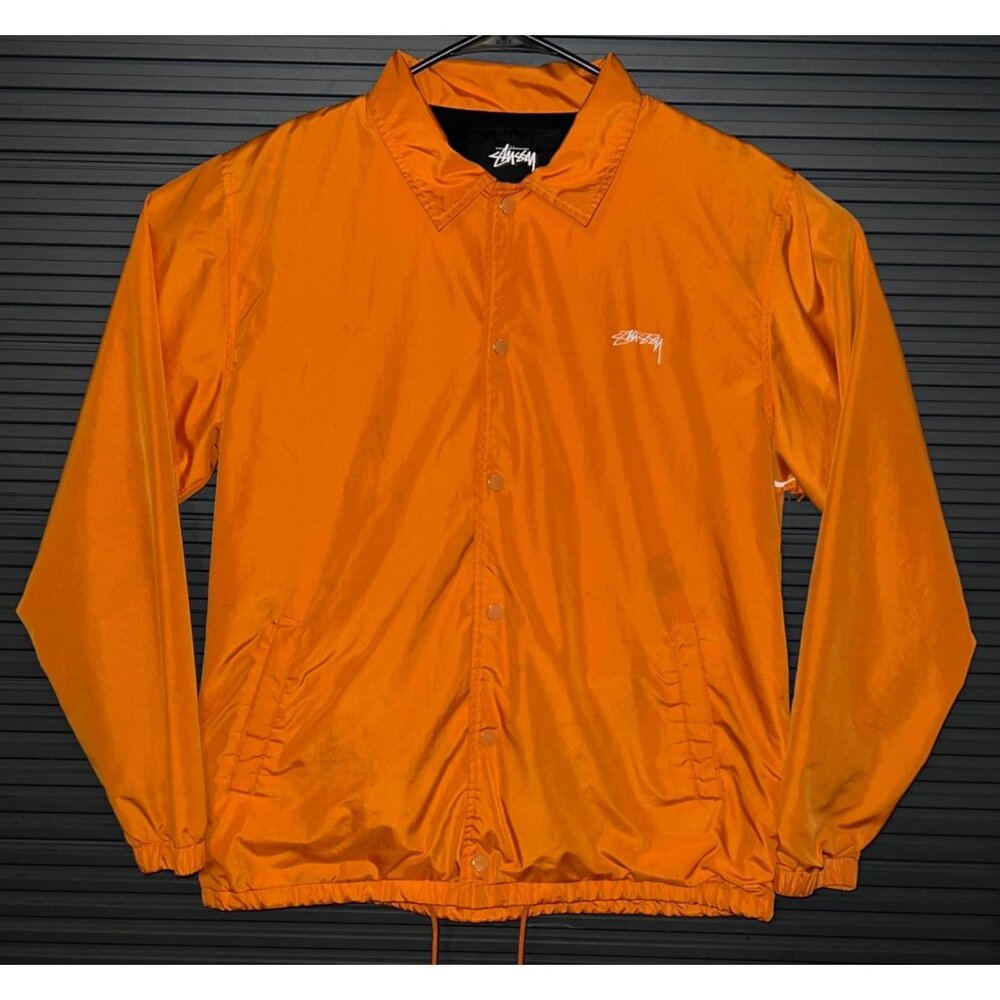 Stussy Mens Medium Orange Nylon Snap Button Coach Jacket READ
